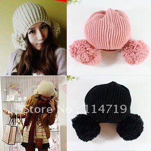 2012 Korean New Knitted Warm Hat autumn and winter Hot-selling ear protector with big woolen ball outdoor windproof  women's cap