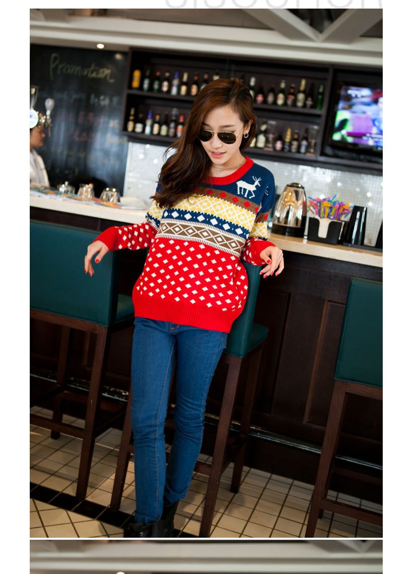 2012 Korean Style Autumn Spring XMAS  Women  Deer New Design Colourful Loose Long Sleeve Stripe Geometry Sweater