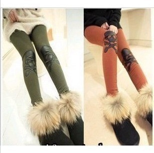 2012 Korean thickening warm knee leather skull Leggings Ladies X-Bone Skull Leggings Tights Pants  X2585