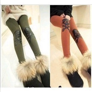 2012 Korean thickening warm knee leather skull Leggings Ladies X-Bone Skull Leggings Tights Pants  X2585