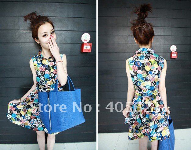 2012 Korean version summer new fresh retro variety of patterns lapels Chiffon women Dress Free Shipping