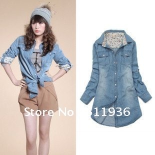 2012 Korean women's cat's eye pearl buckle washed cotton long-sleeve denim shirt jean blouse outwear coat jacket #F62104
