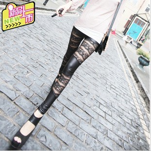 2012 lace faux leather patchwork legging sexy cutout slim ankle length trousers legging