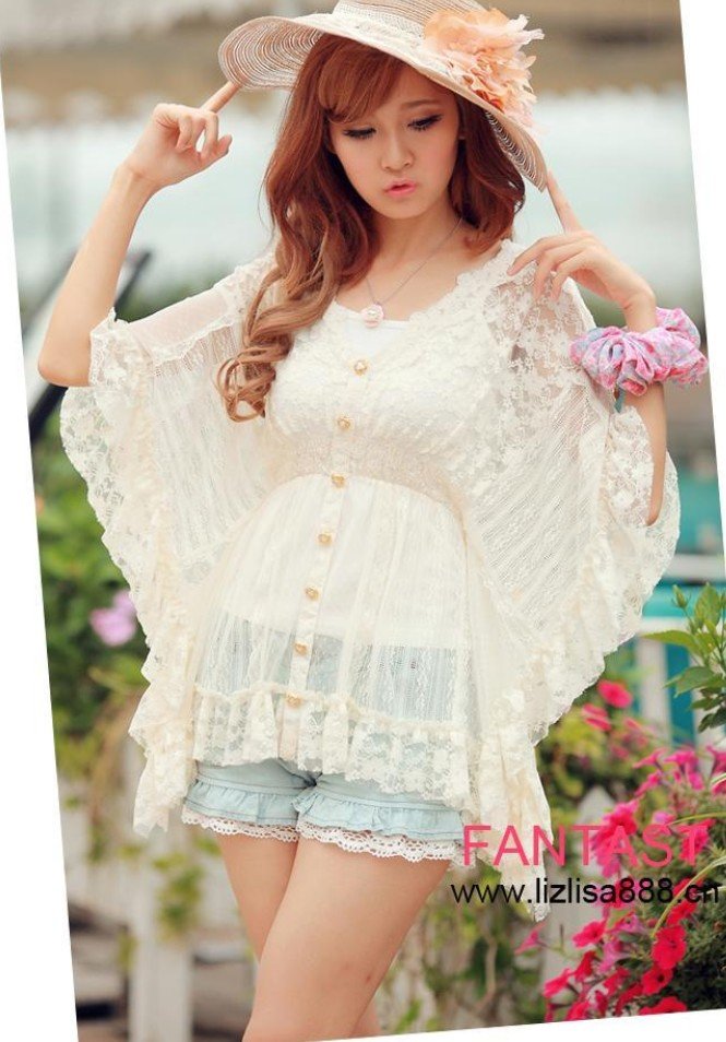 2012 lace princess single basic skirt net fabric o-neck top loose lace batwing sleeve air conditioning shirt