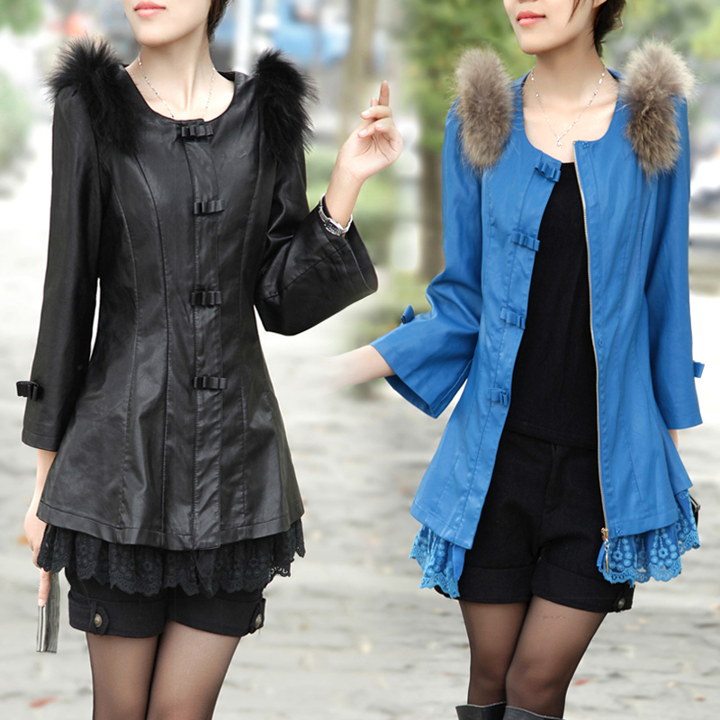 2012 lace PU women's slim leather clothing three quarter sleeve outerwear female plus size raccoon fur