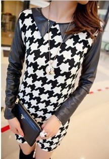 2012 ladies women's leather long-sleeve patchwork houndstooth basic one-piece dress short skirt