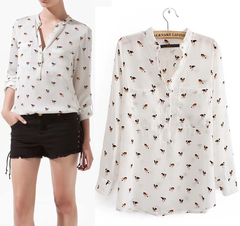 2012 Lady Dog Print Pocket Long Sleeve V Neck Chiffon Shirt Button Blouse Top free shipping