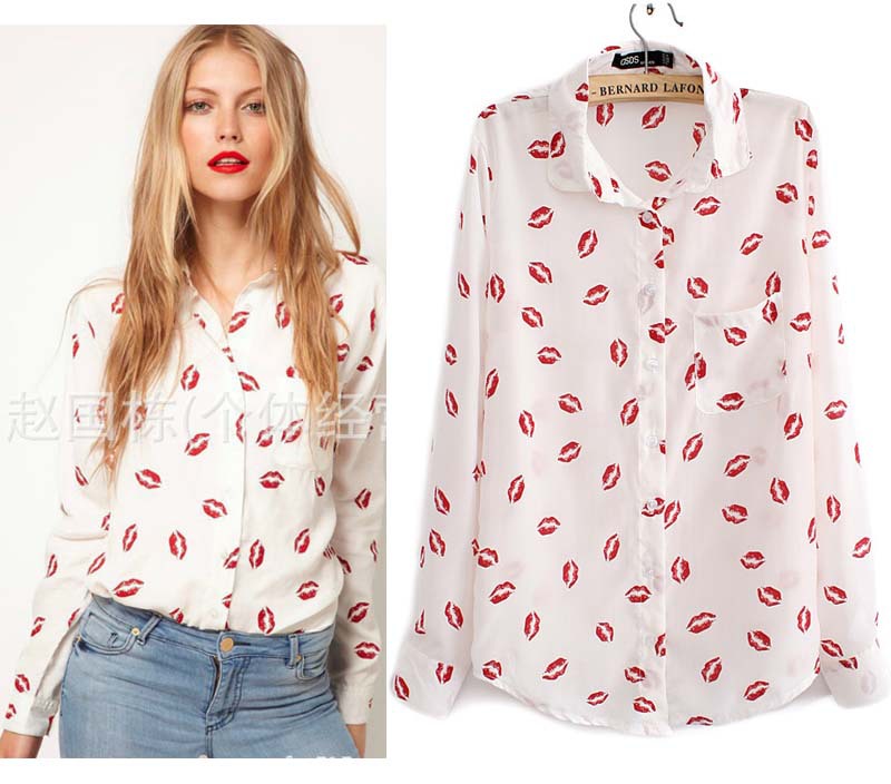 2012 Lady Red Lips Print Pocket Long Sleeve V Neck Chiffon Shirt Button Blouse Top free shipping