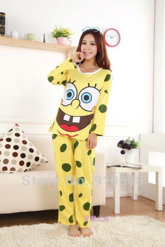 2012 lady sponge bob long sleeve cotton  pajamas / cute cartoon nightwear / free shipping