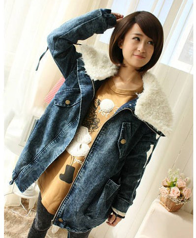 2012 large lapel fur collar the disassemblability berber fleece lining double layer big pocket denim outerwear 8030 MYYH