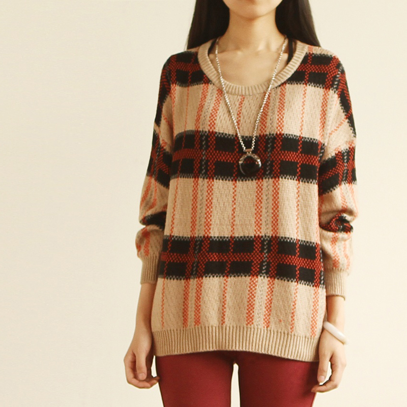 2012 [LC115]autumn winter women's  plaid o-neck batwing long-sleeve sweater, female pull-over free shipping