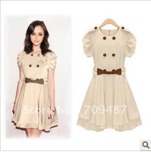 2012 leather buckle belt elegant spring shall dress Puff Sleeve Slim
