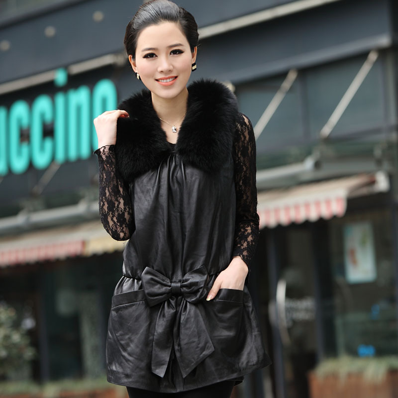 2012 leather clothing female sheepskin genuine leather fox fur medium-long female leather skirt free shipping dropshipping