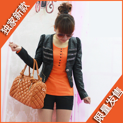 2012 leather clothing female short design slim motorcycle o-neck women's leather clothing leather jacket outerwear