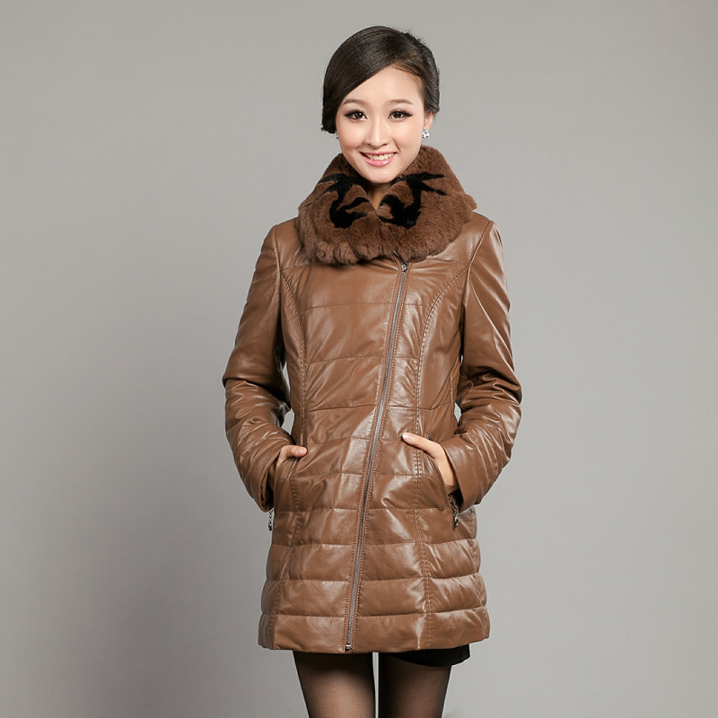 2012 leather clothing medium-long genuine leather down coat leather clothing female genuine leather rex rabbit hair slim