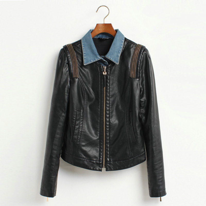 2012 leather clothing slim motorcycle short design jacket women's denim outerwear faux two piece blazer