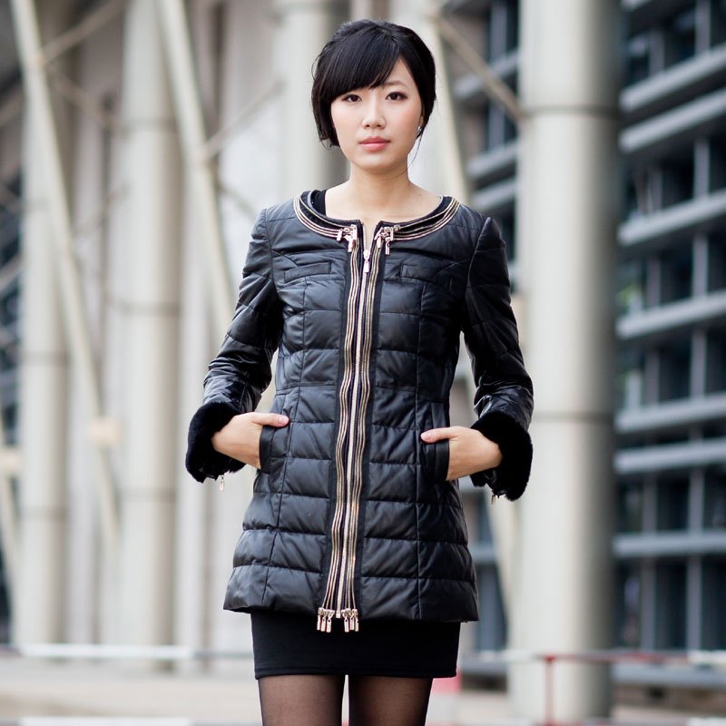 2012 leather clothing women's sheepskin clothes o-neck medium-long zipper down leather clothing outerwear