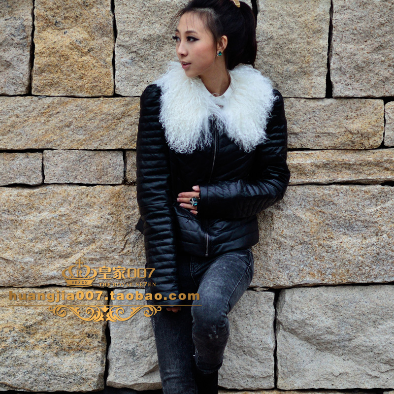 2012 leather clothing Women short design sheepskin down coat wool fur collar long-sleeve short design leather clothing outerwear