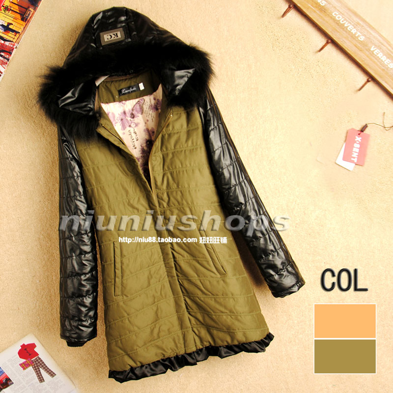 2012 leather patchwork long design thickening thermal with a hood wadded jacket cotton-padded jacket cotton-padded jacket