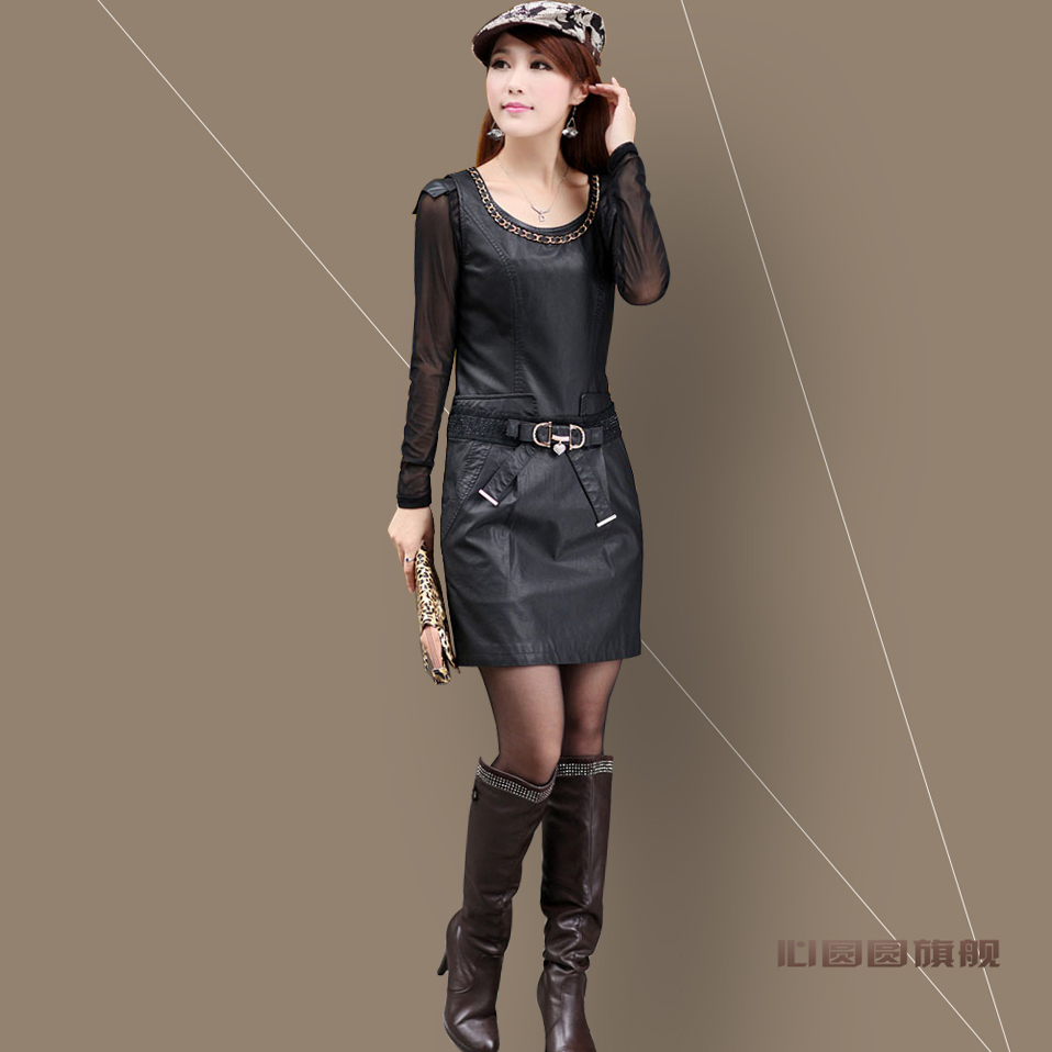 2012 leather skirt PU one-piece dress autumn and winter basic skirt elegant slim hip tank dress