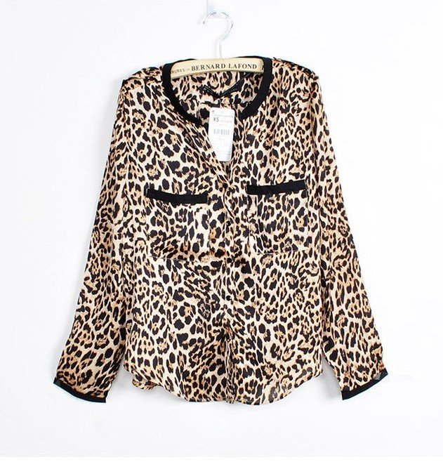 2012 Leopard Blouse Long Sleeve Color Block Women Shirt Ladies' Loose Fashion Tops Casual Shirts Vintage Prints V-neck Blouses