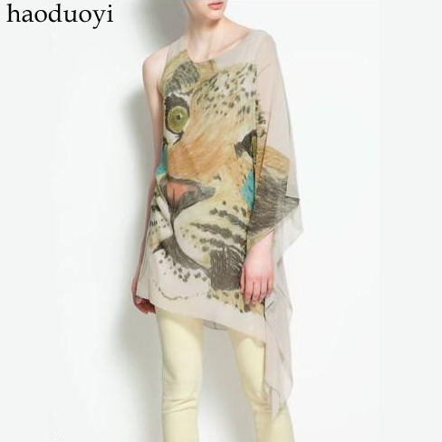 2012 Leopard head print one shoulder irregular sweep design chiffon shirt /blouses for women,free shipping