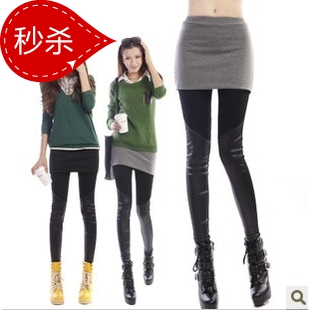 2012 lint patchwork basic skirt pants faux two piece set - faux leather legging