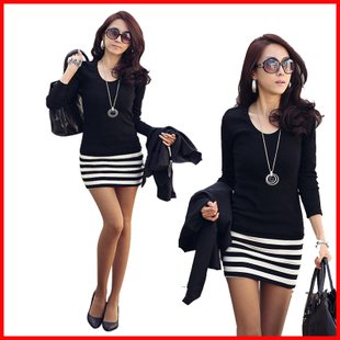 2012 Long Sleeve Dresses Women new Korean Tops for Ladies Plus size fashion Slim Sexy striped mini OL dress Skirt