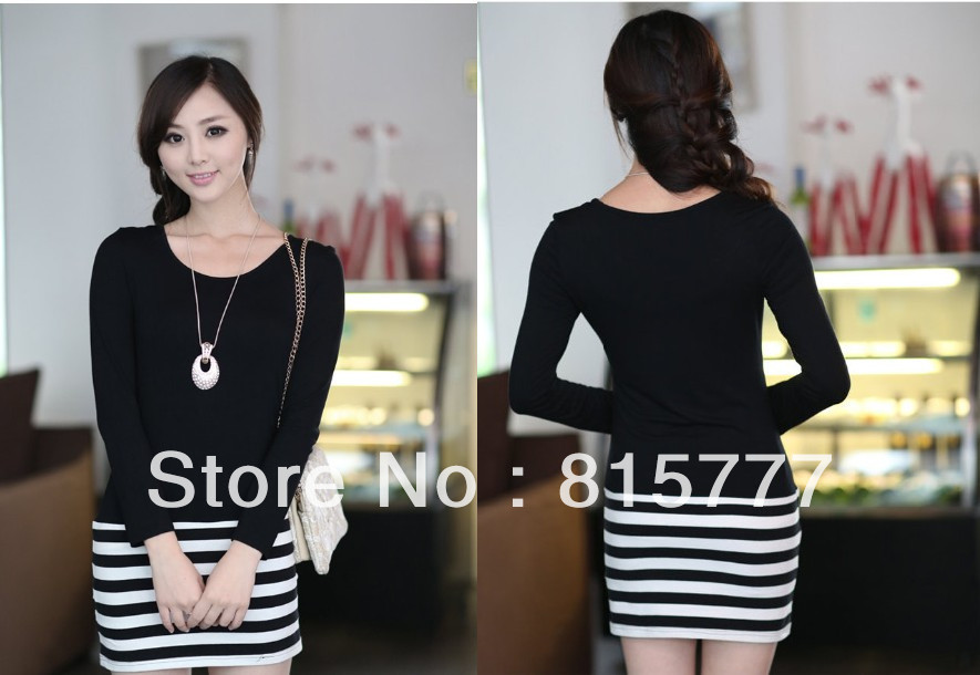 2012 Long Sleeve Dresses Women new Korean Tops for Ladies Plus size fashion Slim Sexy striped mini OL dress women's skirt