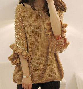 2012 loose batwing sleeve women's ruffle hem beading sweater outerwear female