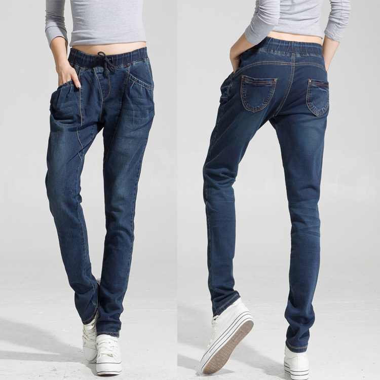 2012 loose jeans female fashion elastic waist drawstring straight denim trousers plus size