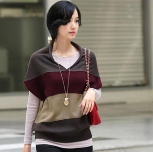 2012 loose vest big stripe color block decoration lamb wool pullover sweater waistcoat women's