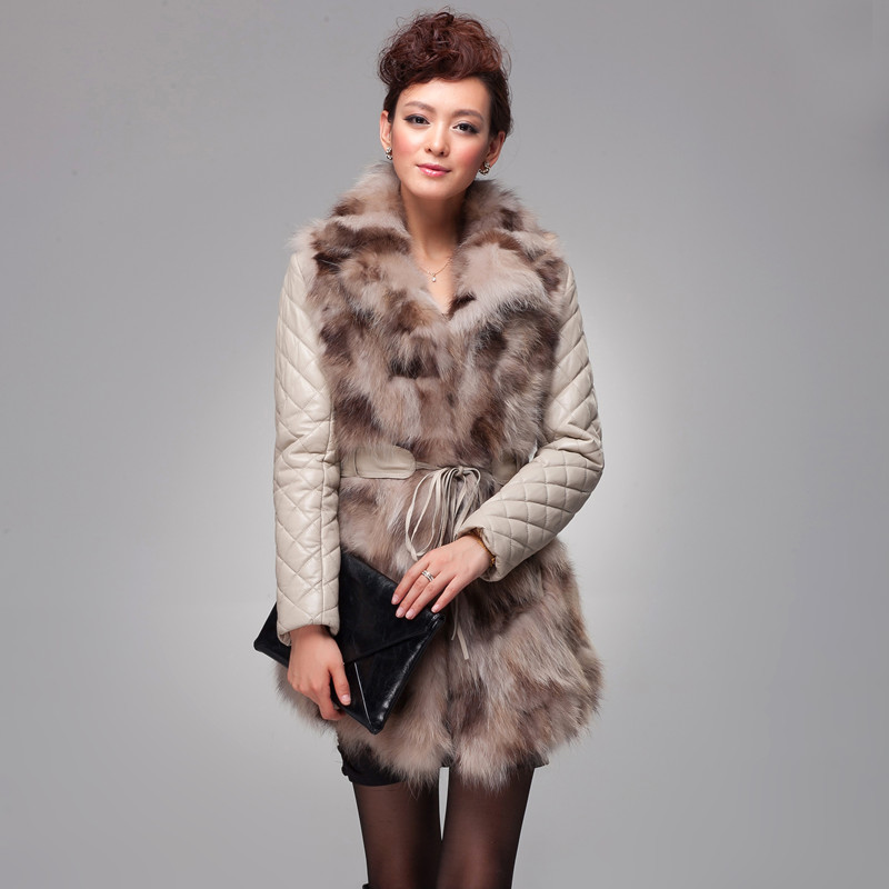 2012 Luxuriou Fashion Women Winter Genuine Raccoon Fur With Real Sheep Leather Sleeve Long Coat Jacket 3 Color 5 Size