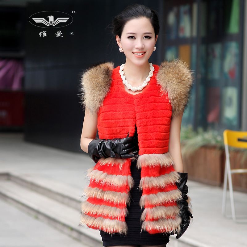 2012 Luxurious Fashion Women Lady Winter Real Rabbit Fur With Genuine Raccoon Fur Shoulder Vest Waistcoat Coat Outerwear 5Color