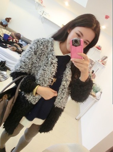 2012 luxury fur berber fleece color block decoration long-sleeve outerwear patchwork outerwear