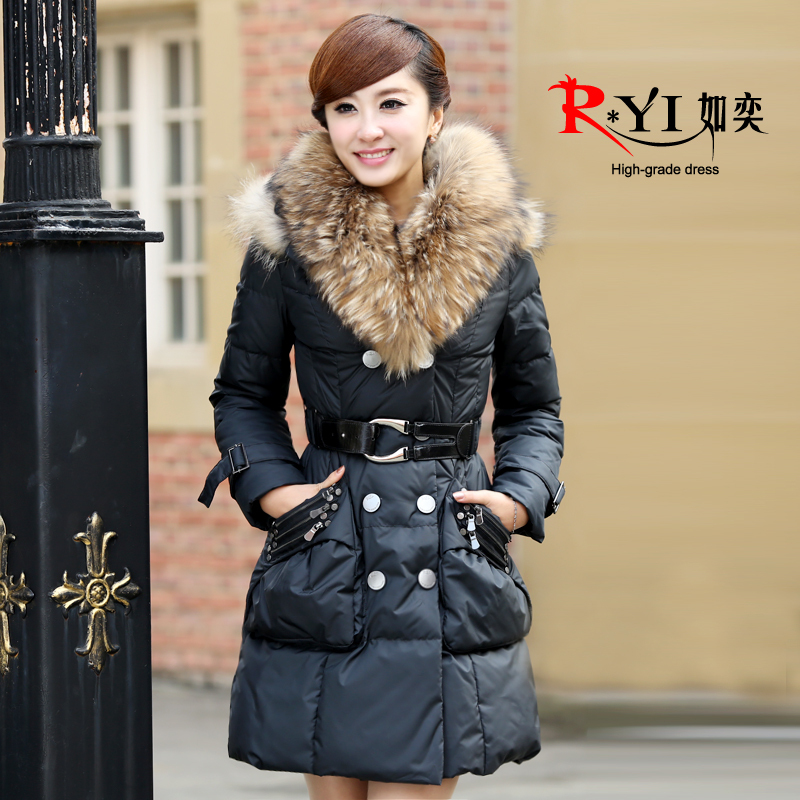 2012 luxury large fur collar high quality down coat female medium-long fashion slim 100% free shipping