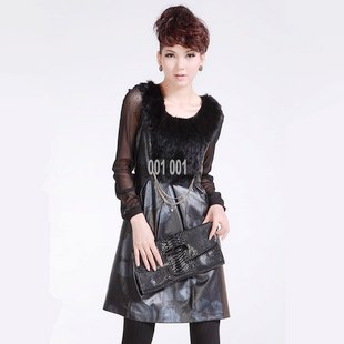 2012 luxury rex rabbit hair synthetic leather vest style sleeveless rossoneri color female one-piece dress