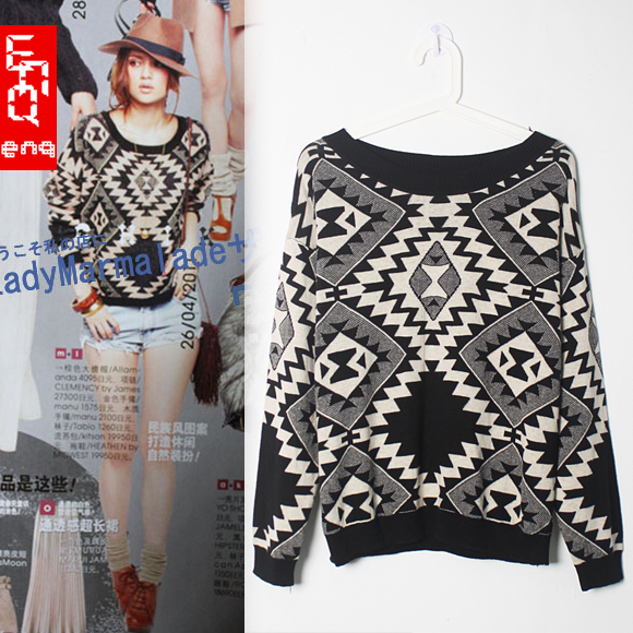 2012 magazine popular national trend geometry jacquard pattern pullover thin basic sweater female