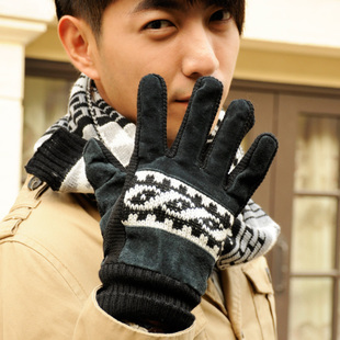 2012 male thickening thermal pigskin battery car knitted genuine leather gloves male winter autumn and winter