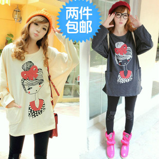2012 maternity autumn top plus size loose girl bow embroidered long-sleeve T-shirt maternity clothing