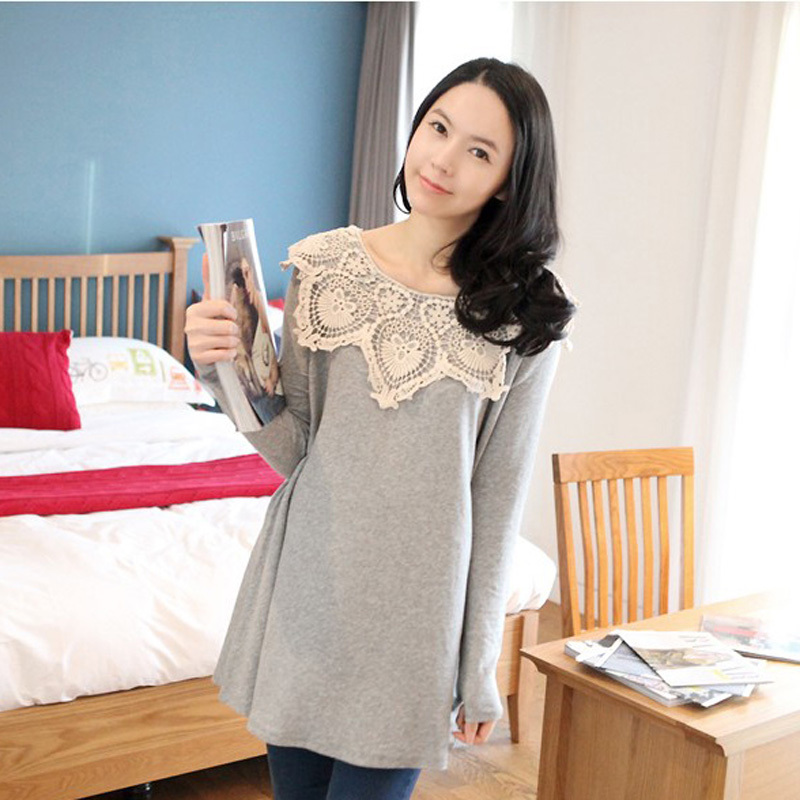 2012 maternity clothing autumn o-neck laciness maternity long-sleeve T-shirt long design maternity top