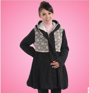 2012 maternity clothing maternity plus velvet dot wadded jacket with a hood long sleeve length zipper wadded jacket