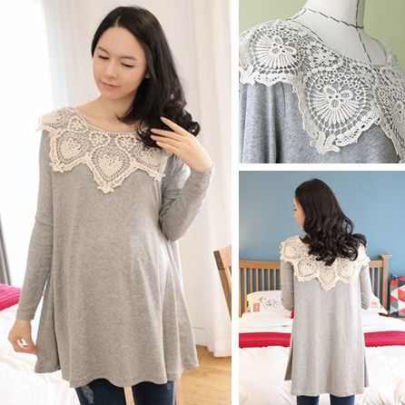 2012 maternity clothing plus size laciness turn-down collar maternity t-shirt spring and autumn long-sleeve maternity top 885