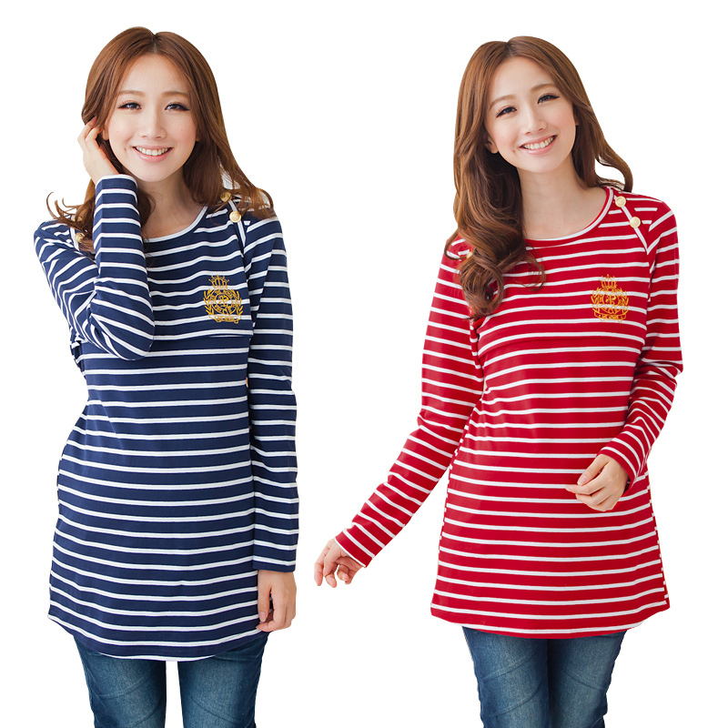 2012 maternity clothing top autumn navy stripe long-sleeved shirt nursing 12733