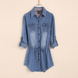 2012 medium-long denim long-sleeve outerwear shirt slim waist pocket shirt female