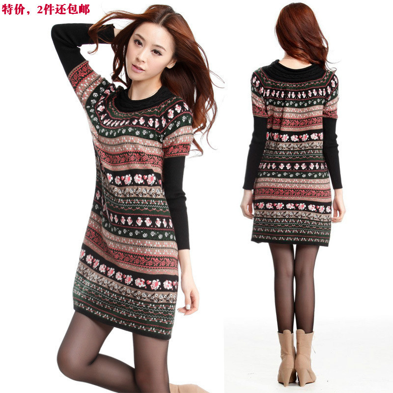 2012 medium-long jacquard wool one-piece dress sweater dress knitted sweater female