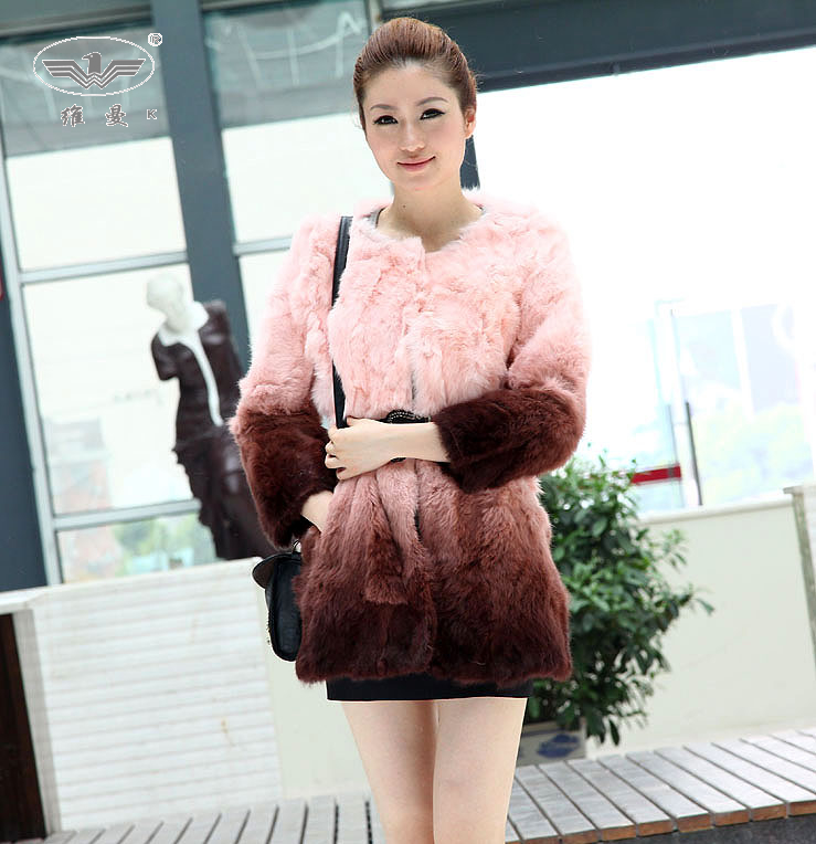 2012 medium-long rabbit fur coat slim fur two-color dip dyeing fur coat