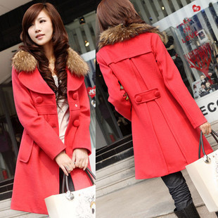 2012 medium-long trench woolen outerwear double breasted casual overcoat fur collar female