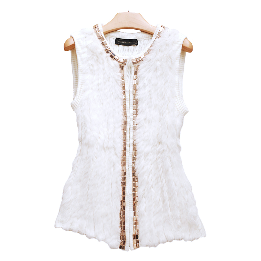2012 metal decoration rabbit fur knitted sleeveless slim female cardigan