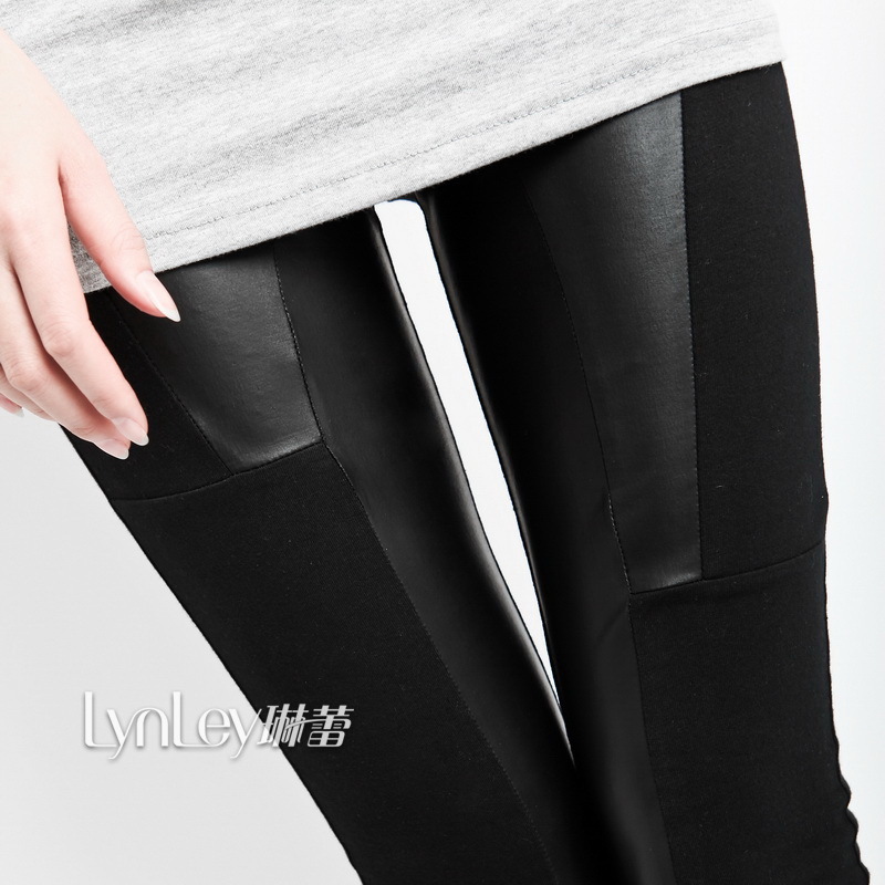 2012 mm women's summer legging black faux leather cotton cloth patchwork slim